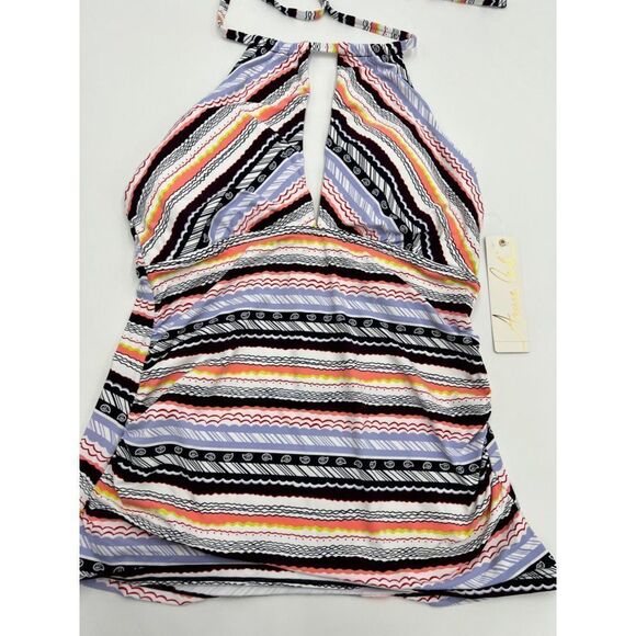 Anne Cole Striped Deep V Cutout Halter Neck Tankini Swim Top Multicolor Size M N - Picture 2 of 10